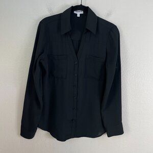 Express Portofino Shirt Womens Small Black Button Up Roll Tab Sleeve Blouse